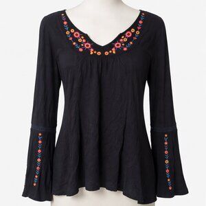 Boho Embroidered Peasant Top XL Bell Sleeve Floral Black Blouse Festival